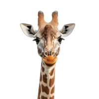 Close up of a giraffe against a transparent background showcasing its unique features and playful expression, Giraffe isolated closelook transparent background png