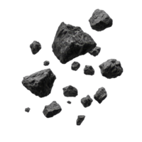 Flying black rocks isolated against a clean transparent background, creating a striking visual impact, flying black rocks isolated on transparent background png