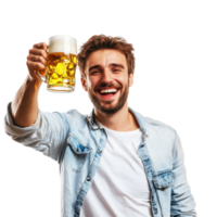 Joyful man celebrating with a beer mug raised in a toast against a light background, Joyful Man Raising a Beer Mug Celebration Toast Isolated on transparent background png
