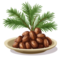 Fresh date palms arranged in a plate on a transparent background showcasing their natural beauty and vibrant green leaves, date palm in a plate isolated on transparent background png