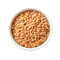Fresh uncooked lentils in a transparent bowl against a clean transparent background ready for cooking or meal preparation, Uncooked lentils in transparent bowl isolated on transparent background png