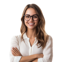 Friendly teacher smiling with crossed arms, isolated on transparent background in a professional setting, teacher lady friendly smiling arms crossedisolated transparent background png