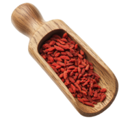 Dried goji berries in a wooden scoop on a transparent background for healthy snacking and culinary use, dried goji berries in wood scoop on transparent background png