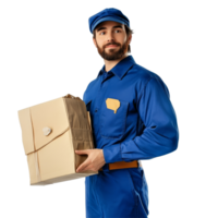 A mailman delivering packages while posing in a uniform against a transparent background, Mailman isolated on transparent background png