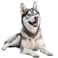 Siberian Husky resting on a transparent background, showcasing its striking blue eyes and playful personality, Siberian Husky on transparent background png