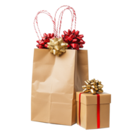Colorful gift boxes burst from a festive paper bag for holiday celebrations and special occasions, Gift boxes pop out from paper bag isolated on transparent background png