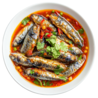 Delicious spicy sardines in tomato sauce served in a bowl on a transparent background, Spicy Sardines in tomato sauce canned fish ,Yum thai food style on transparent background png