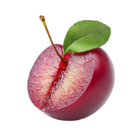 Fresh half red cherry plum with a green leaf isolated on a bright transparent background for culinary use, half red cherry plum with leaf isolated on transparent background png