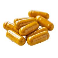 Turmeric herb capsules spilling on a clean transparent background showcasing natural health supplements, herb turmeric capsules spilling on transparent background png