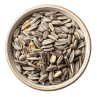 Sunflower seeds in a rustic bowl on a plain transparent background, showcasing their natural texture and color, Sunflower seeds in a bowl on a transparent background png