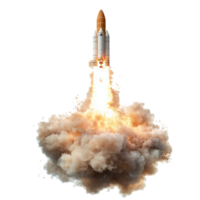 Rocket launch against a transparent backdrop with fiery explosion and smoke plume during ignition phase, Rocket Launch with Fiery Explosion and Smoke, Isolated on transparent background png