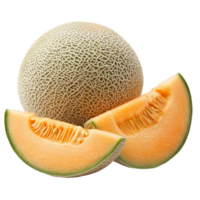 Discover the vibrant colors and delectable textures of whole and sliced Japanese cantaloupe on a clean background, whole and slice of japanese melons, or cantaloupe isolated transparent background png