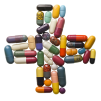 Colorful capsules arranged in a cross shape on a light background, showcasing unique designs and patterns, Capsules in a cross array png