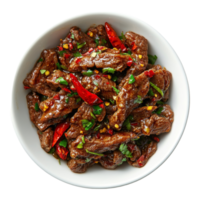 Spicy beef strips with vibrant herbs and chilies served in a bowl on a transparent background, spicy beef strips dish top view isolated on transparent background png