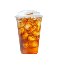 Refreshing iced tea in a clear plastic cup with transparent lid against a clean transparent background, ice tea in plastic cup with cap isolated on transparent background png