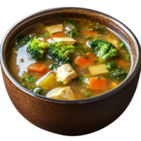 A hearty bowl of chicken soup with broccoli, carrots, and tofu served in a rustic wooden bowl, portion of chicken soup with broccoli png