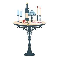Reserved table. Romantic table restaurant isolated on white background. Vintage table with festive table setting. Table for two with bottle of wine, lamp, glasses, rose, candles. illustration vector