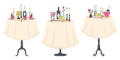 Romantic dinner set. Reserved tables for two. Romantic tables isolated. Table with tablecloth, cutlery, glasses, champagne, flowers, wine, candles. Romantic setting. vector