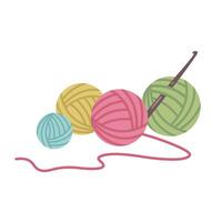 Yarn and threads isolated on white background. Colour Balls of yarn for knitting with crochet needle. Thread yarn with crochet hook. Needlework. Knitting threads. illustration vector