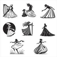 Elegant Princess Silhouettes Bundle, Dancing, Sword, and Graceful Poses vector
