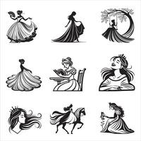 Charming Princess Silhouettes Bundle, Dancing, Reading, and Fairy Tale Scenes vector