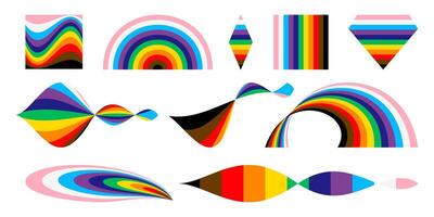 Pride icons and shapes with LGBTQ pride flag colours. Set of colored striped shapes for design. illustration isolated on white background. vector