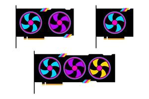 GPU flat icon set. Best graphics card with colorful gradient fans for cooling in flat style. vector
