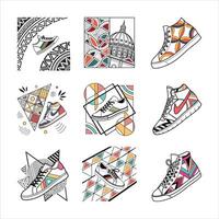 A dynamic hand-sketched abstract pattern with bold black strokes and multicolored geometric pattern designs. vector