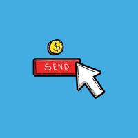 Colorful illustration symbolizing online transactions and payment processes with a red send button, gold coin, and white arrow pointer on a blue background. vector