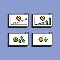 Illustration of line graphs, charts, and financial symbols representing growth and success. Vibrant hand-drawn style on blue background for presentations or articles about finance and business. vector