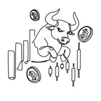 A bold black-and-white illustration symbolizing a bullish cryptocurrency market with a charging bull, Bitcoin logos, and candlestick graphs depicting trading activity and financial growth. vector
