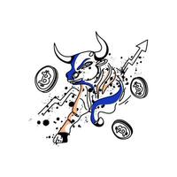 Dynamic and colorful illustration symbolizing cryptocurrency market growth, featuring a stylized bull with Bitcoin coins vector