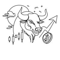 Line art illustration depicting the bullish trend concept with a bull, Bitcoin, and rising charts. Ideal for representing cryptocurrency trends, growth, and financial market analysis. vector
