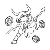 line art depicting a symbolic bullish bitcoin market represented by a charging bull, bitcoins, and an upward arrow graph. Perfect illustration for cryptocurrency growth and financial market concepts vector