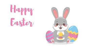 Cute bunny holding a yellow egg with pastel Easter eggs around, Happy Easter text in pink, on a white background, celebration concept vector