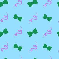 Seamless pattern of green bows and pink swirling ribbons on a soft blue background, symbolizing elegance and celebration vector