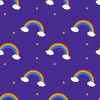 Seamless rainbow pattern with clouds and yellow stars against a purple backdrop, creating a cheerful and playful design vector