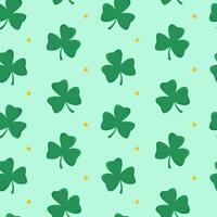 Green shamrocks and yellow stars arranged in a seamless pattern on a light green background. Symbol of luck and celebration vector