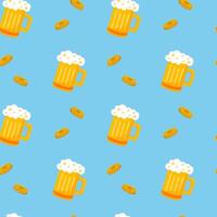 Beer mugs and coins designed in a seamless flat pattern style, placed on a bright blue background, symbolizing celebration and fun vector