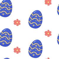 Blue Easter eggs with yellow patterns and pink flowers on white. Cartoon style seamless pattern. Concept of Easter decoration vector