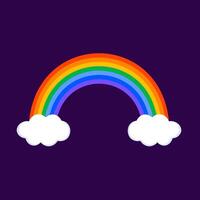 Bright rainbow with white clouds, flat graphic style, dark purple background. Concept of positivity and inclusivity vector