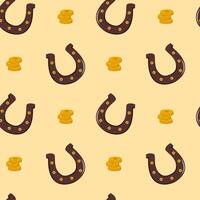 Horseshoes and coins arranged in a seamless repeat pattern, flat graphic style, on a yellow background, concept of luck and prosperity vector