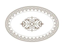 Vintage Oval frame arabesque in Victorian style. Oriental porcelain plate with golden pattern on white background. Plate with large floral element in center. Pattern frame for oval ceramics, textiles vector