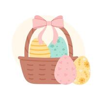 Happy Easter colorful egg in basket with tied bow vector