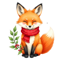A cartoon fox wearing a scarf and holding a holly branch png