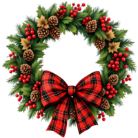 A christmas wreath with red berries and a bow png