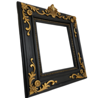 Ornate square picture frame with intricate design and black-gold color scheme for home decor, isolated on transparent background png
