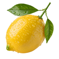 Freshly harvested lemon with green leaves showcasing vibrant yellow color and natural texture, isolated on transparent background png