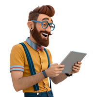 Character with glasses and a beard smiles while using a tablet in a modern setting png