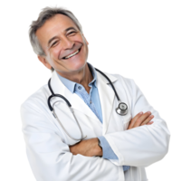 Doctor smiling confidently with arms crossed in a medical setting during daytime hours, isolated on transparent background png